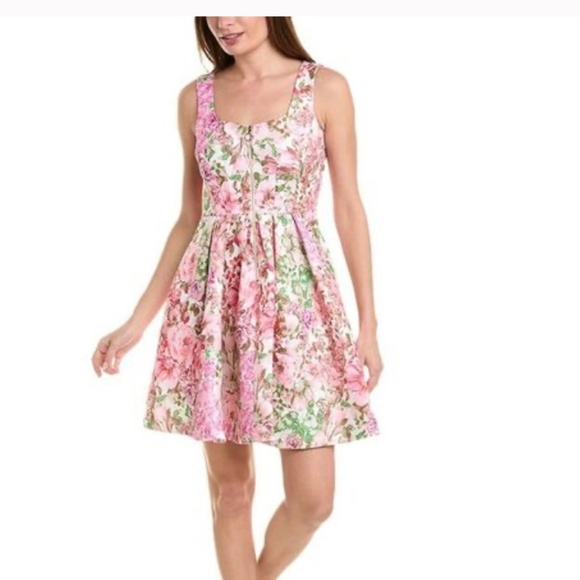 Maison Tara Dresses & Skirts - Maison Tara Zipper-Front Floral Jacquard Fit & Flare Dress Peony & Ivory